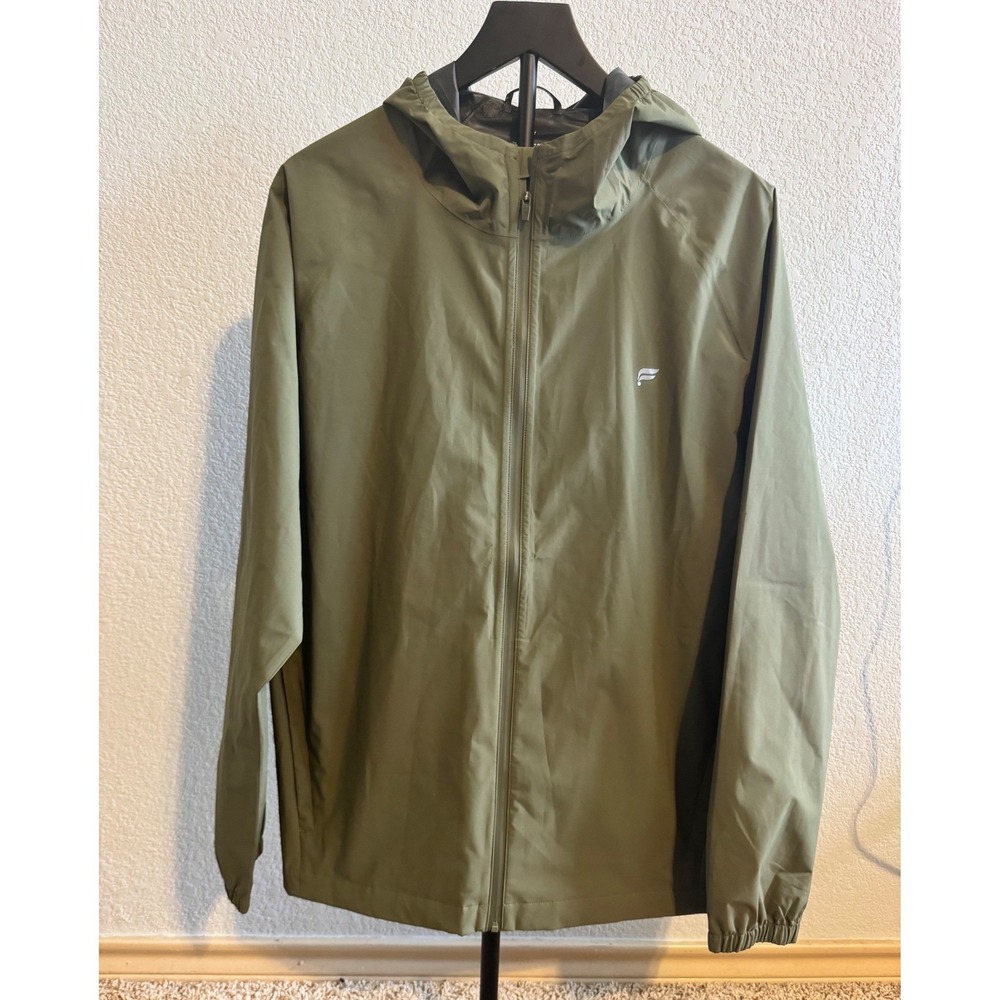 Fabletics Men's The Waterproof Rain Jacket Olive Green Hooded Full Zip Medium